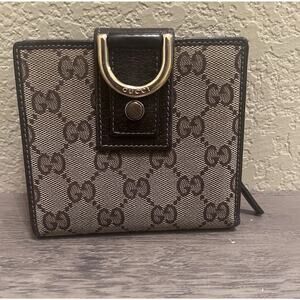 Gucci GG Canvas Bifold Wallet Brown Leather Trim Vintage Logo Gold Hardware